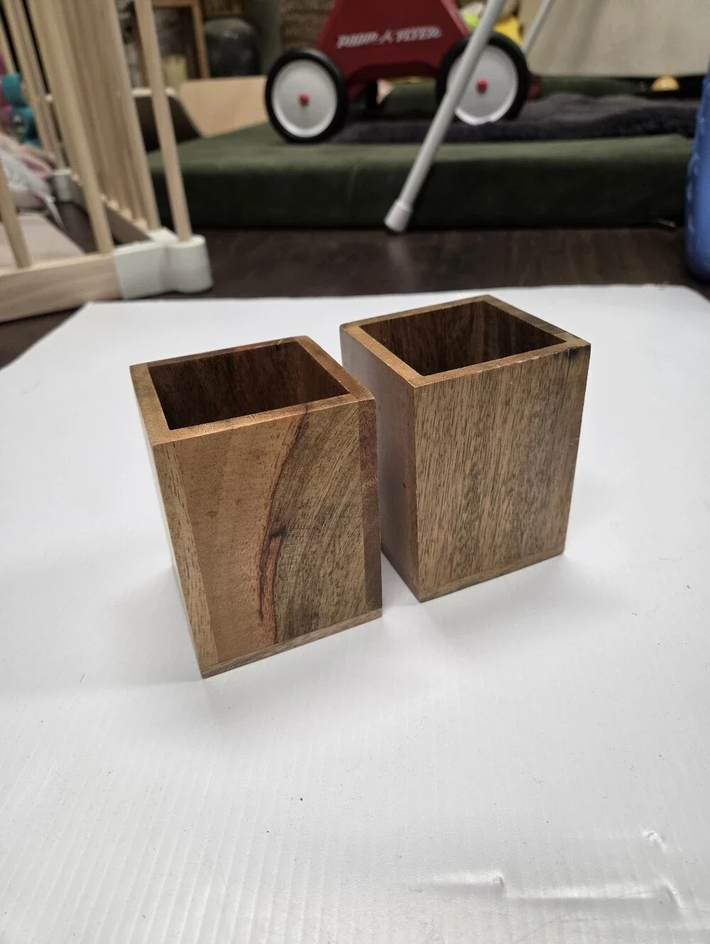 Vintage Solid Wood Pencil Cup Holder Pair Set of 2 Geometric Square Office Desk
